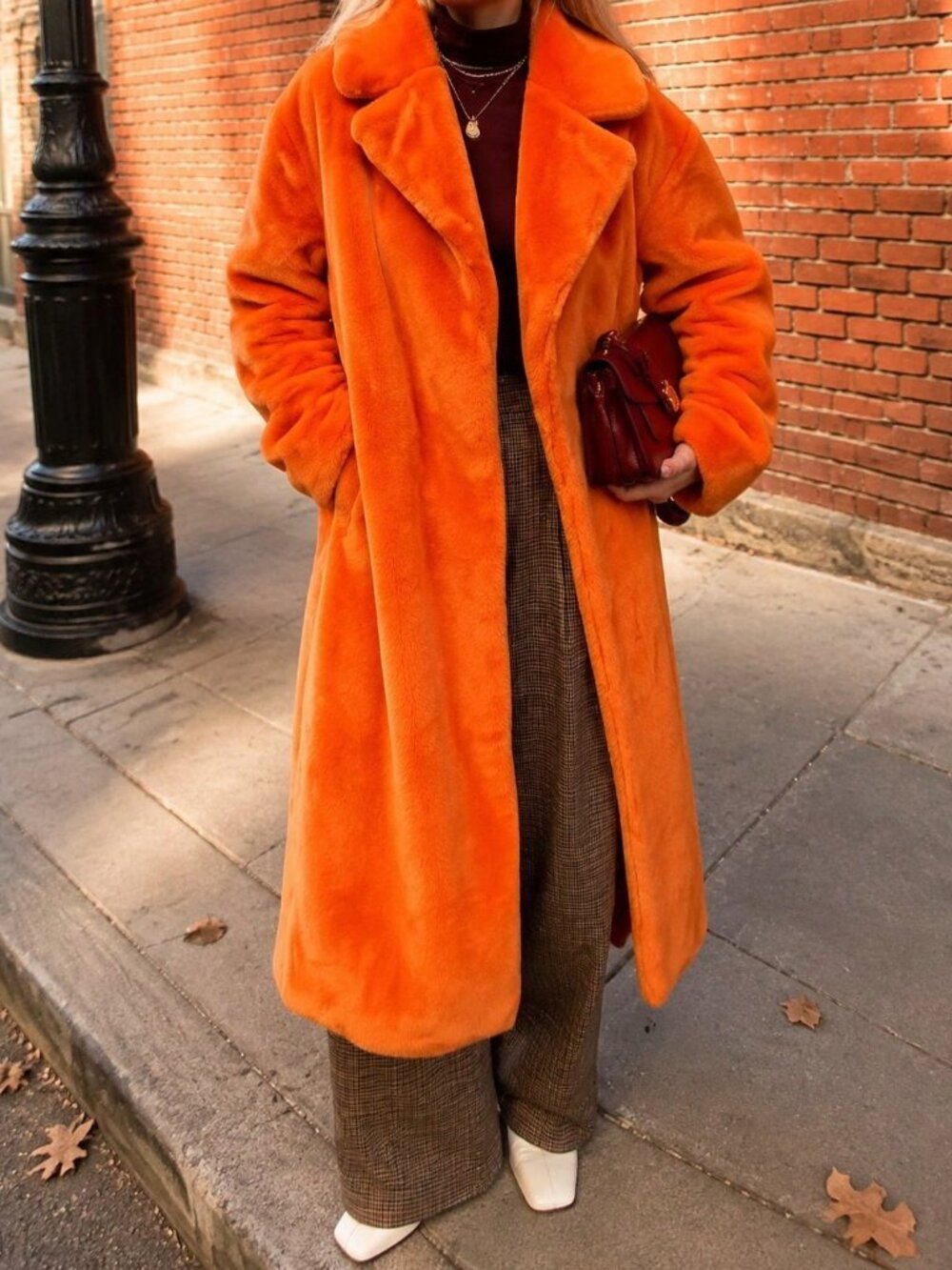 Orange Casual Women's Lapel Long Sleeve Single-Breasted Teddy Coat - Picture 1 of 2